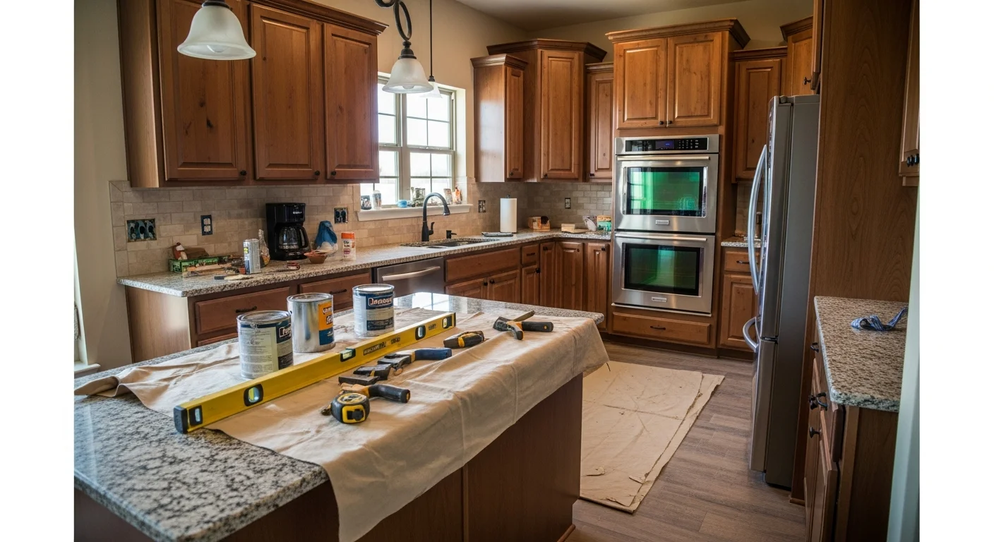 Interior home renovation showing updated kitchen and living space