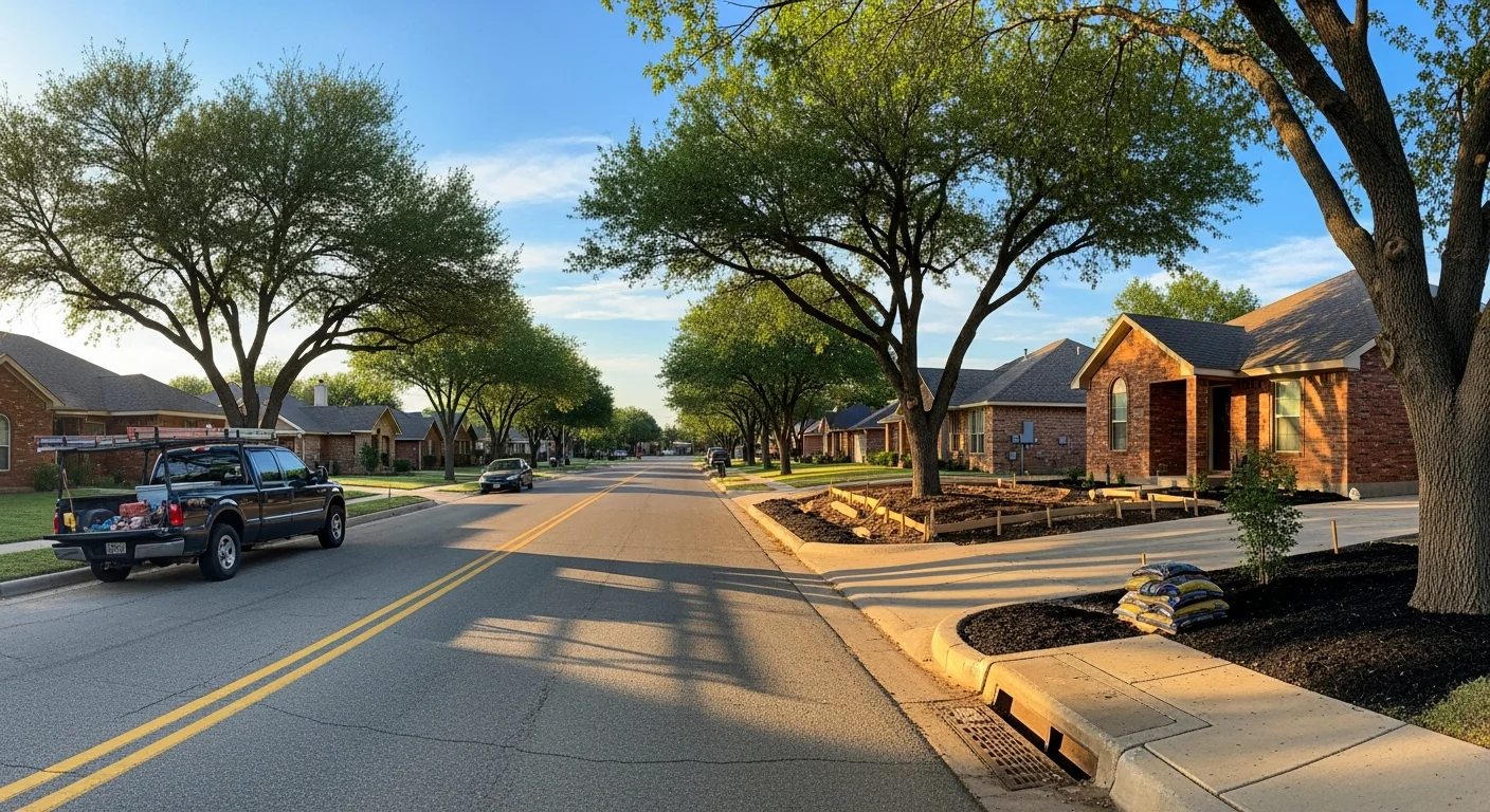 Residential street in Amarillo with brick homes and mature trees under clear Panhandle sky.