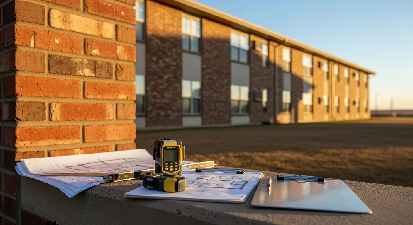 Exterior view of a multi-unit apartment complex in Amarillo, Texas, showing a two-story brick building with individual unit entrances and a paved parking area. A Circle H Builders and Construction representative reviews the property during a pre-purchase walkthrough.