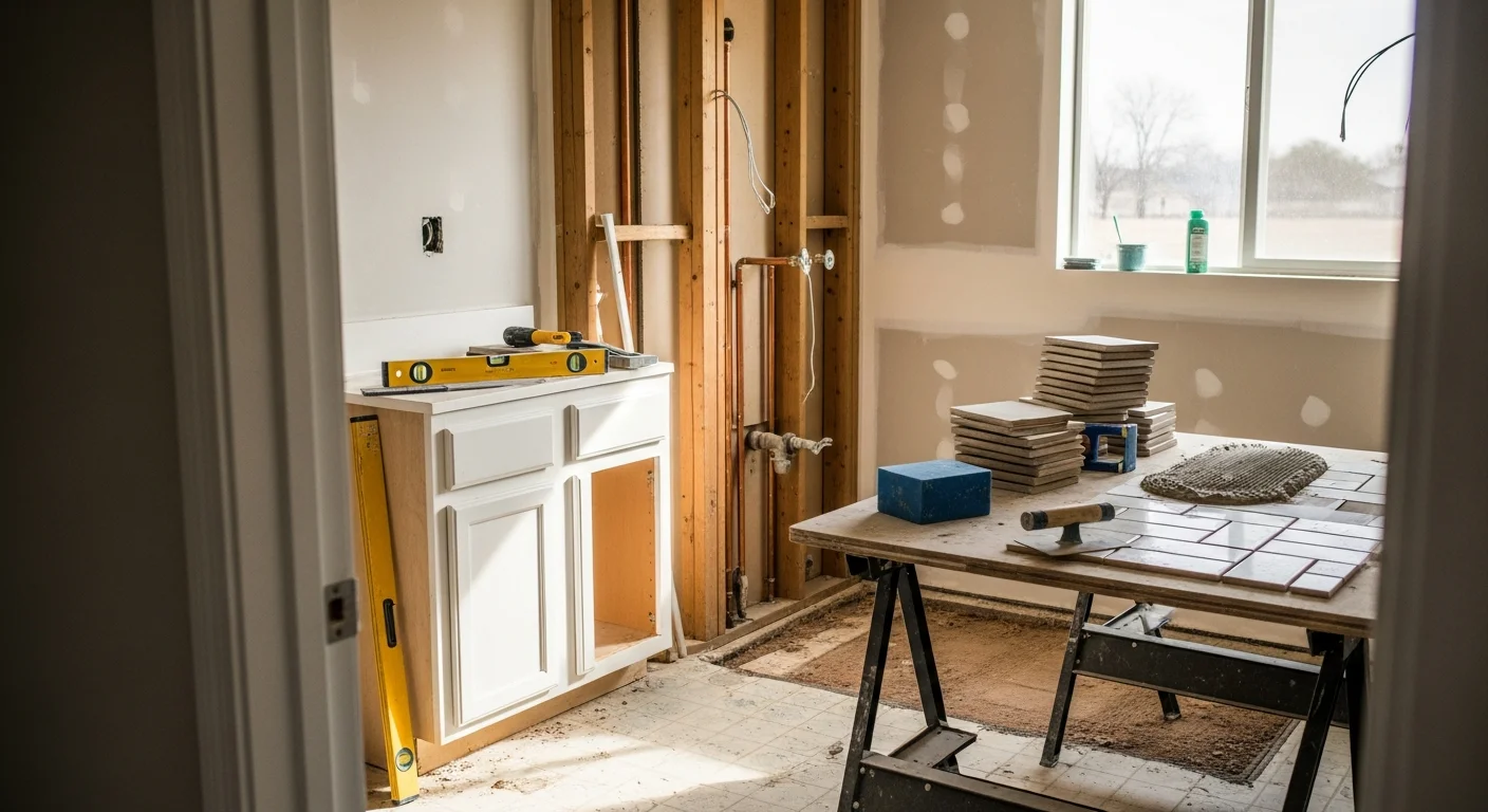 A fully remodeled bathroom interior in an Amarillo single-family home, showing a curbless tile shower, updated vanity, and new flooring. The space reflects a clean, functional layout typical of a mid-century ranch home renovation in Amarillo, Texas.