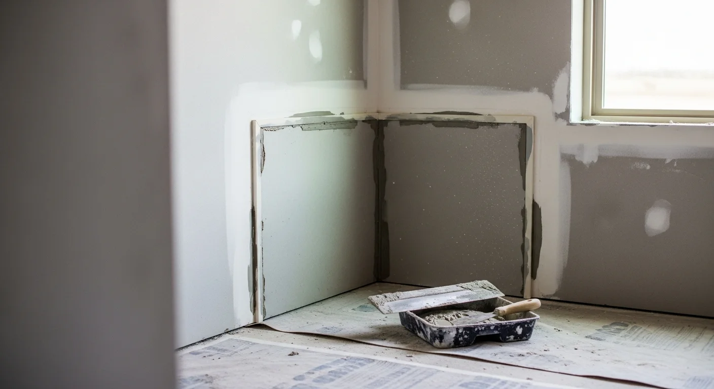 A freshly finished drywall wall in an Amarillo home showing smooth, paint-ready surfaces with clean taped seams and finished inside corners. A contractor's tools and joint compound are visible in the foreground of the room.