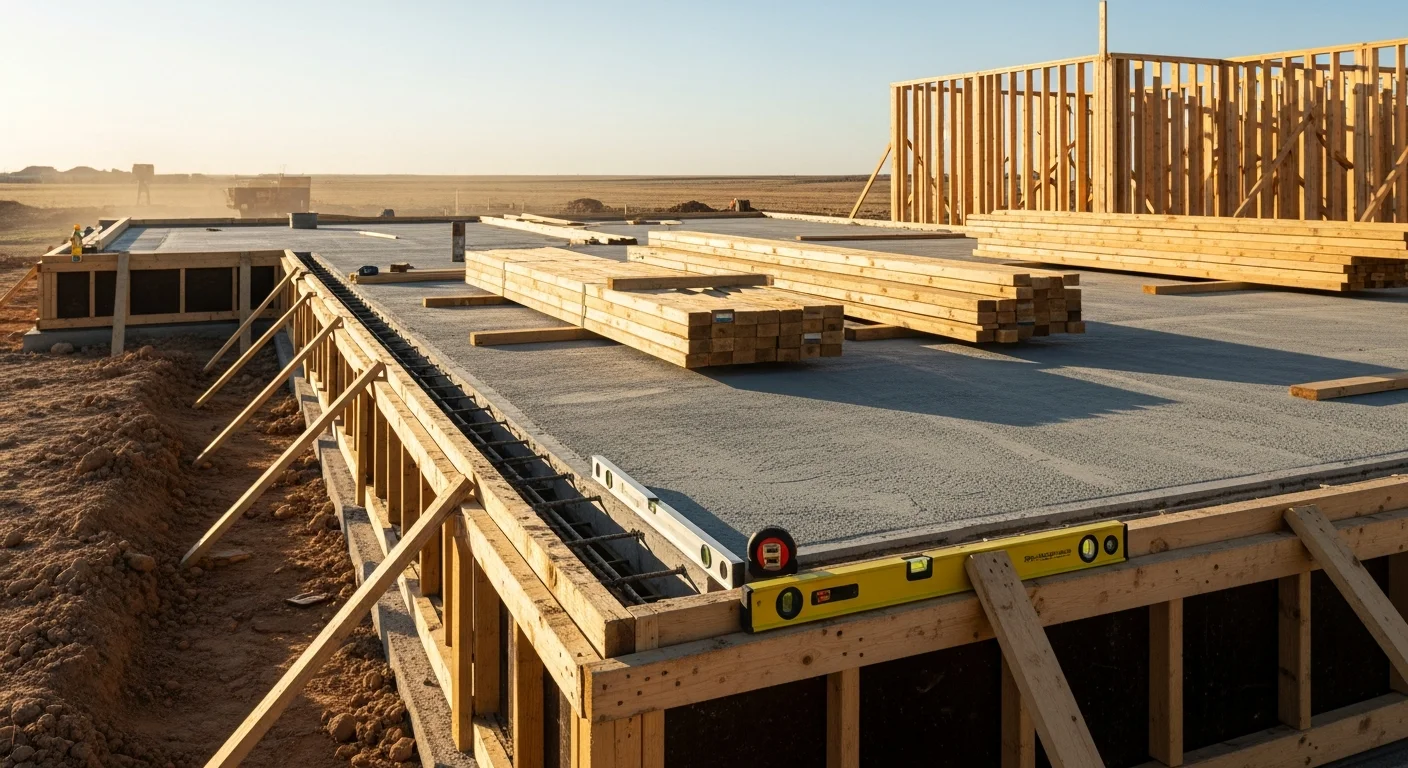 A newly completed single-family home built by a general contractor in Amarillo, Texas, with a concrete slab foundation and framed exterior visible against a clear High Plains sky. The structure shows finished siding and roofing typical of new residential construction in the Amarillo area.