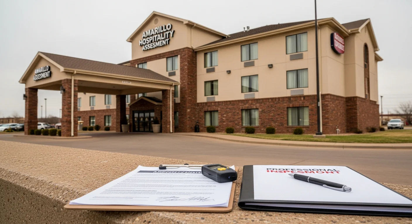 Exterior view of a hotel property in Amarillo, Texas being evaluated for purchase by a local real estate and construction team. The building shows a multi-story hospitality structure along a commercial corridor in the Texas Panhandle.