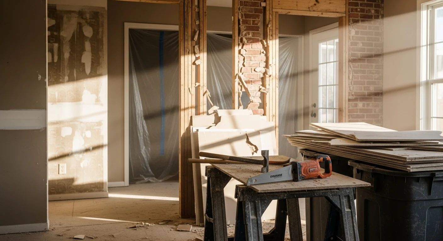 Interior demolition in progress inside an Amarillo home, with drywall and cabinetry removed from a kitchen space down to the studs. A cleared, debris-free room ready for renovation work by Circle H Builders and Construction.