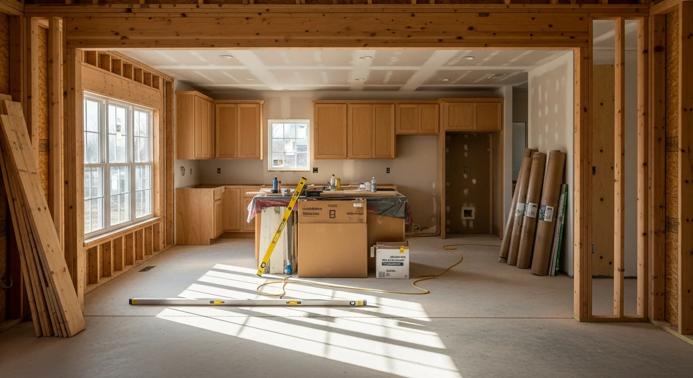 A renovated interior living space inside an Amarillo home, showing updated flooring, fresh wall finishes, and modern trim work completed by Circle H Builders and Construction. The open layout reflects a whole-room renovation typical of Texas Panhandle residential remodel projects.