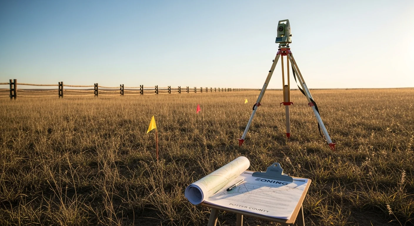 An open land parcel in Amarillo, Texas with flat Panhandle terrain and a clear sky, showing a vacant lot ready for residential construction. A survey stake marks the corner of the property near a paved road frontage.