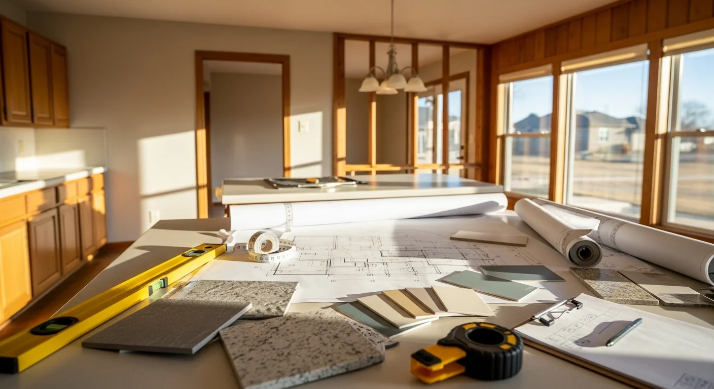 A Circle H Builders and Construction team member reviewing remodeling plans with an Amarillo homeowner inside a residential kitchen. The image shows an open layout discussion with a notepad and existing cabinetry visible in the background.